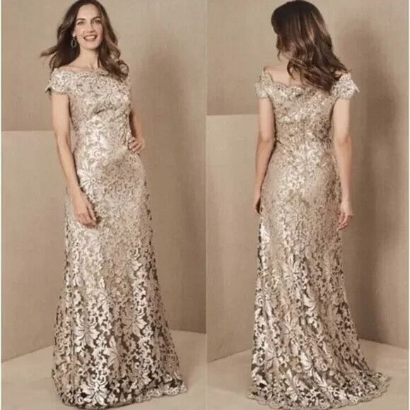 BHLDN Tadashi Shoji Odette Dress 8 Champagne Lace Sequin Gown Embroidered Formal - Picture 2 of 16